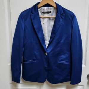 Zara Blazer Women L Blue Sheen 1 Button Long Sleeve Lined Notch Pockets Preppy